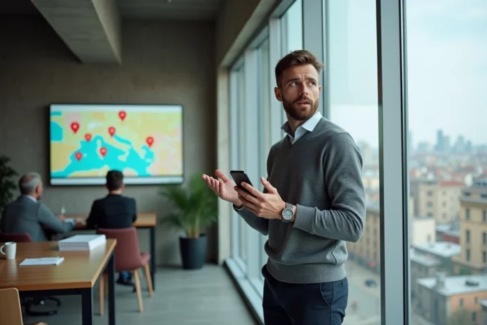 Nomade numérique en espace de coworking moderne avec vue panoramique sur une ville européenne