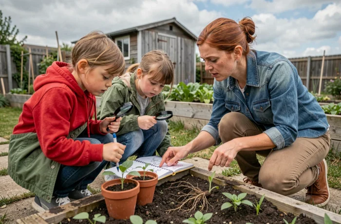 Mère et enfants observant des plantes dans le jardin familial avec des loupes et un carnet de nature, activité scientifique éducative en plein air