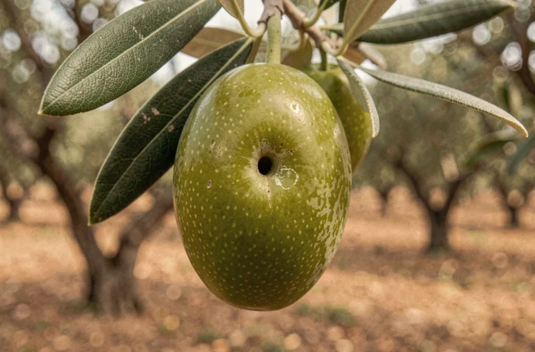 Gros plan sur une olive verte endommagée par la mouche de l'olivier avec un trou de ponte visible sur la peau du fruit
