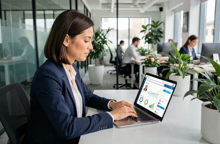 Professionnelle optimisant son profil sur une plateforme d'emploi en ligne depuis un bureau moderne