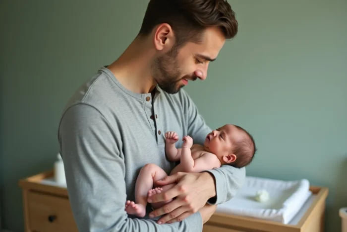 Papa tenant son nouveau-né agité contre sa poitrine après le bain dans une chambre de bébé apaisante