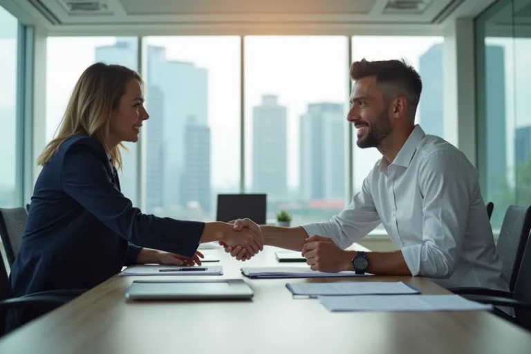 Deux professionnels en costume signant un accord de partenariat B2B lors d'une réunion d'affaires dans un bureau moderne