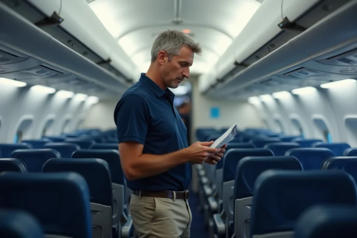 Passager debout dans l'allée d'un avion consultant sa carte d'embarquement pour trouver la meilleure place Ryanair