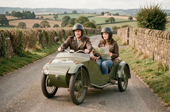 Duo d'adultes légalement installés dans un side-car vintage sur une route de campagne française