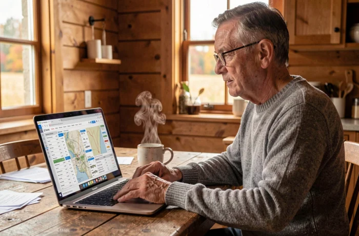 Pêcheur expérimenté analysant ses statistiques de pêche sur un carnet en ligne depuis un ordinateur portable dans un chalet rustique