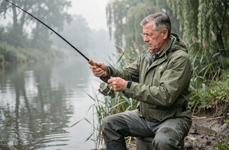 Pêcheur belge en veste imperméable préparant sa canne à pêche au bord d'une rivière ardennaise au petit matin