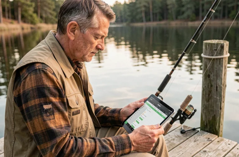 Pêcheur consultant un carnet de pêche numérique sur une tablette, assis sur un ponton en bois au bord d'un lac calme entouré de pins