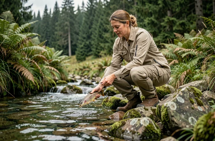 Pêcheuse relâchant une truite dans un ruisseau des Hautes-Fagnes en Belgique pratiquant le no-kill