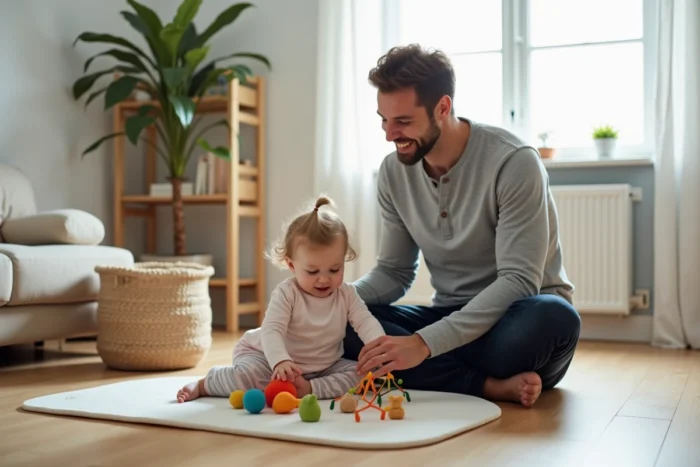 Père jouant avec son bébé sur un tapis d'éveil dans un salon scandinave lumineux