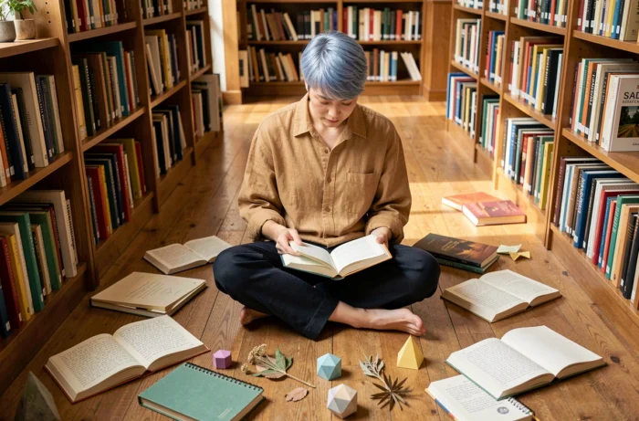 Person mit aschblauen Haaren, die auf dem Boden einer Bibliothek sitzt, umgeben von Büchern und Zeitungen über die Xenogenre-Identität