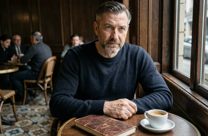 Ancien photographe médiatique prenant des notes dans un café parisien, l'air pensif et éloigné de la vie publique