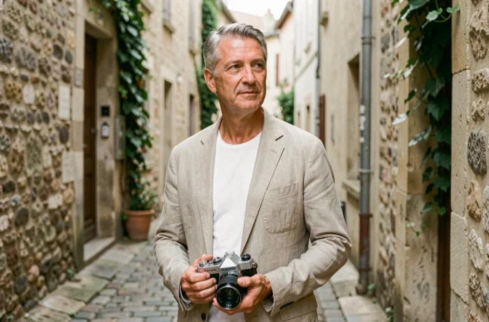 Photographe reconverti se promenant dans une ruelle pavée de ville française avec un appareil photo argentique à la main