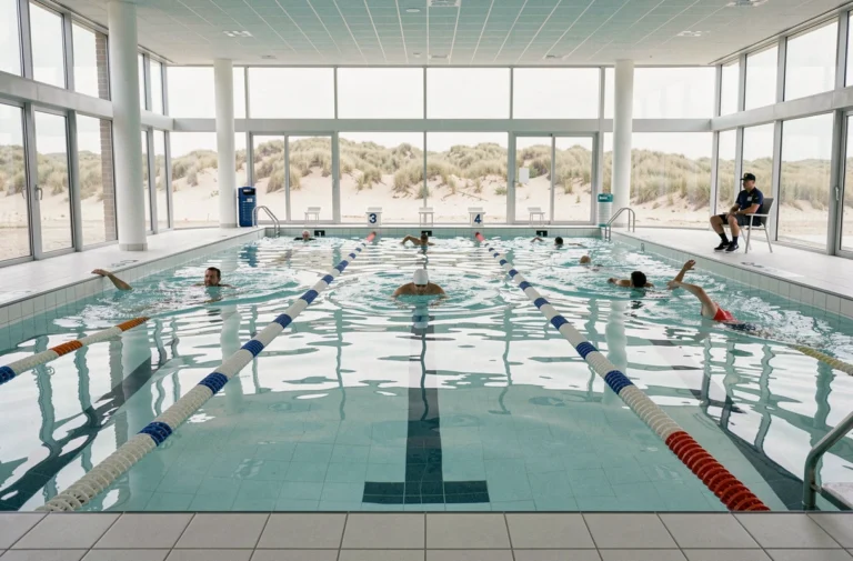 Piscine intérieure publique de Coxyde avec couloirs de nage et vue sur les dunes côtières belges