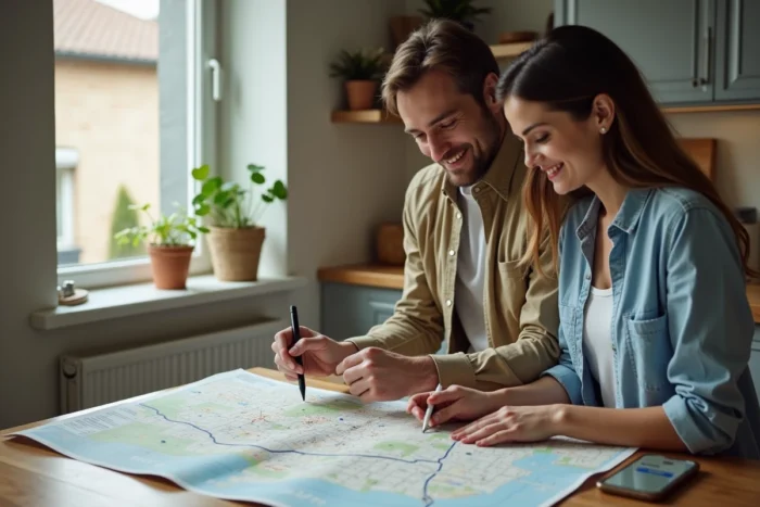Couple consultant un plan de secours avec une carte et un carnet pour anticiper la logistique du jour du déménagement