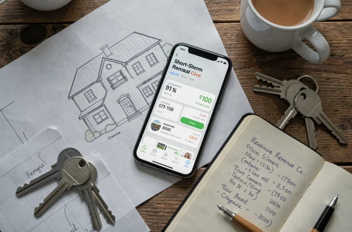 Vue du dessus d'un bureau avec plan de maison, application de location courte durée et calcul de revenus locatifs pour optimiser sa résidence principale