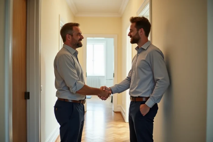 Locataire et gestionnaire immobilier échangeant une poignée de main lors de la remise des clés dans un couloir d'immeuble résidentiel