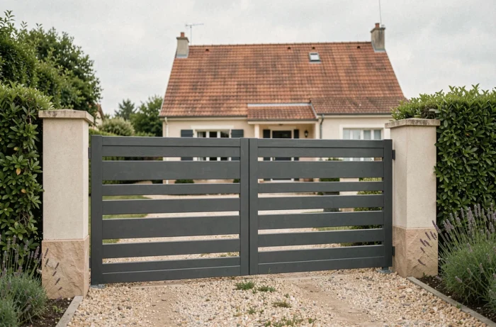 Portail aluminium anthracite installé devant une maison pavillonnaire française avec allée en gravier
