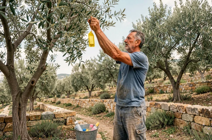 Agriculteur installant un piège jaune chromotropique contre la mouche de l'olive dans un verger familial en terrasse