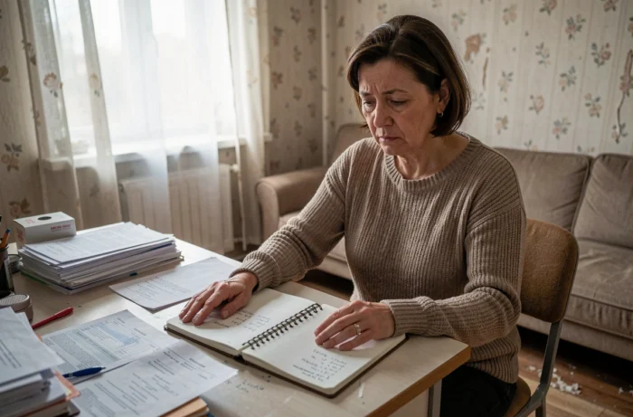 Mujer sola examinando sus finanzas en un apartamento modesto que simboliza las dificultades económicas y las desigualdades de ingresos en Francia