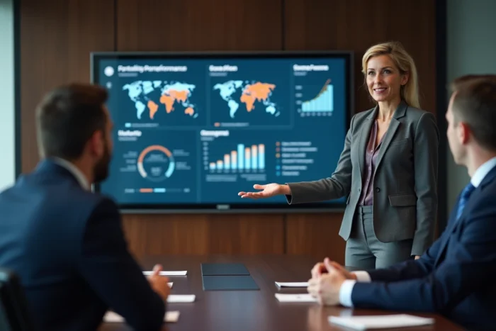 Femme dirigeante présentant des résultats de collaboration B2B et des indicateurs de croissance à des partenaires commerciaux en salle de réunion