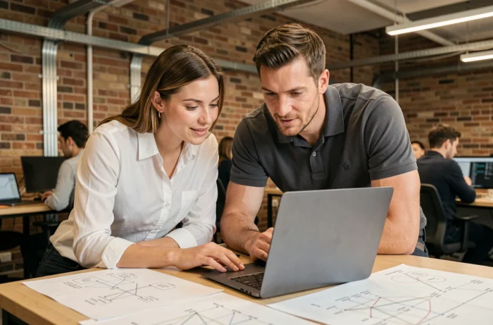 Deux professionnels de la cybersécurité collaborant sur des schémas réseau dans un espace de coworking technologique