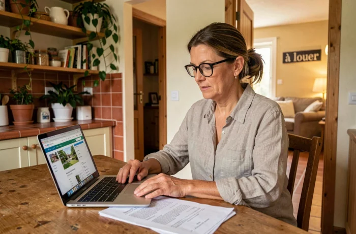 Femme propriétaire consultant des annonces de location sur son ordinateur portable à la table de sa cuisine pour rentabiliser sa résidence principale