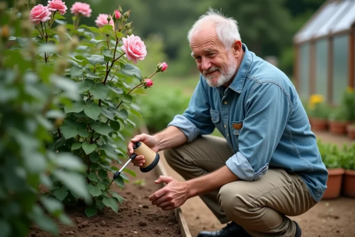 Homme appliquant du purin d'ortie au pied d'un rosier avec un pulvérisateur à main dans un jardin potager ordonné