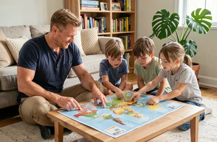Père et enfants assemblant un puzzle carte du monde sur le tapis du salon, activité éducative et ludique en famille à la maison