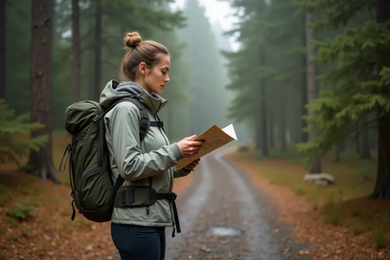 Randonneuse consultant une carte sur un sentier forestier de La Petite Pierre dans le Parc Naturel Régional des Vosges du Nord