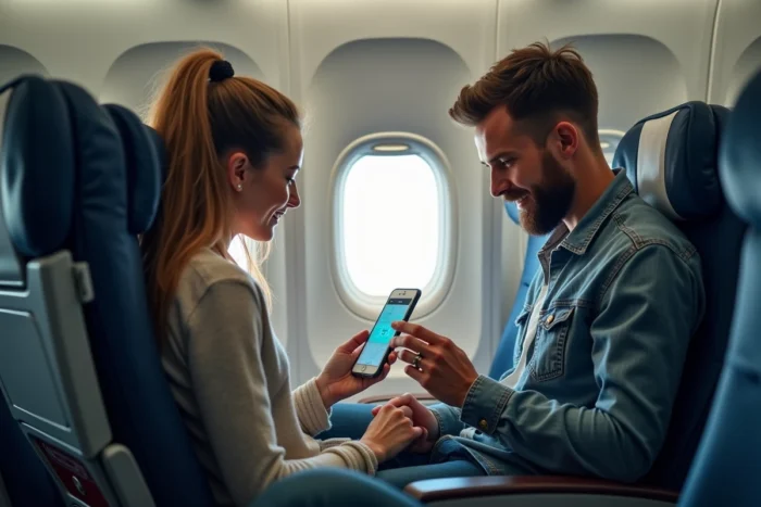 Deux voyageurs assis dans la rangée de sortie de secours d'un avion Ryanair consultant un plan des sièges sur smartphone