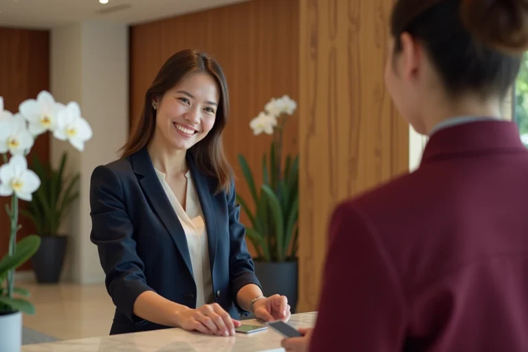 Une voyageuse reçoit sa carte de chambre à la réception d'un hôtel proposant le service LPD, illustrant l'accueil personnalisé et les avantages du concept logement petit-déjeuner