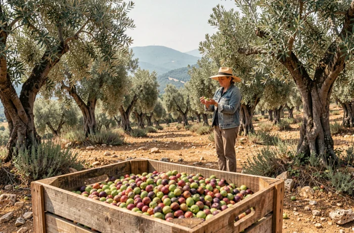 Agricultrice inspectant des olives récoltées dans un verger méditerranéen traditionnel avec une caisse de fruits au premier plan
