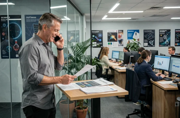 Rédacteur en chef d'un média scientifique contactant son équipe par téléphone dans une salle de rédaction moderne