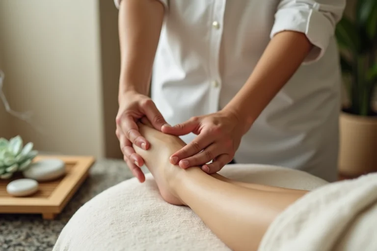 Thérapeute professionnelle pratiquant la réflexologie plantaire sur le pied d'une cliente détendue dans un spa épuré et apaisant