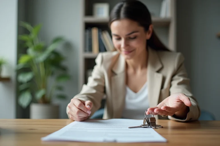 Femme tenant des clés d'appartement et un contrat de bail dans une agence immobilière moderne