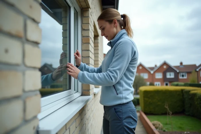 Technicienne inspectant une fenêtre à triple vitrage nouvellement posée sur l'échafaudage d'une maison individuelle en rénovation énergétique