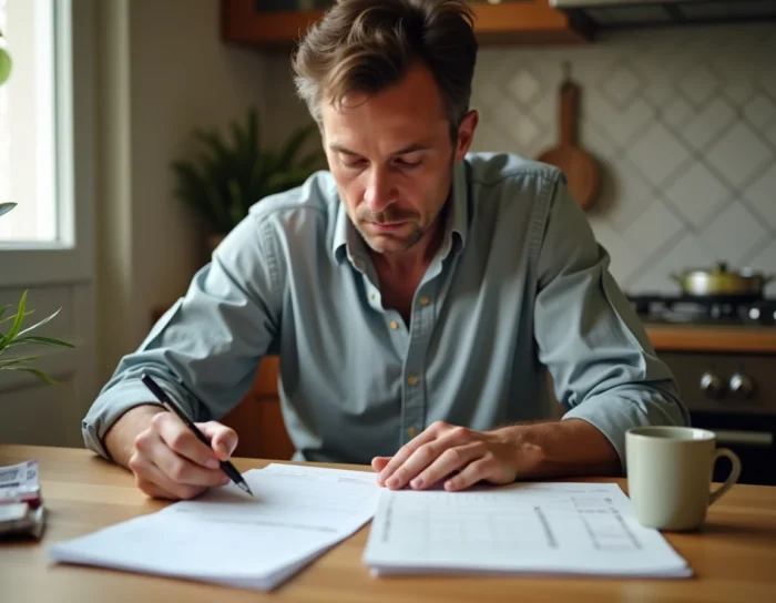 Homme remplissant un chèque différé à la maison avec un calendrier et un reçu de courses