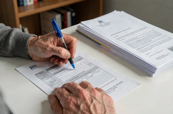 Mains remplissant un formulaire officiel de surendettement avec des documents administratifs organisés