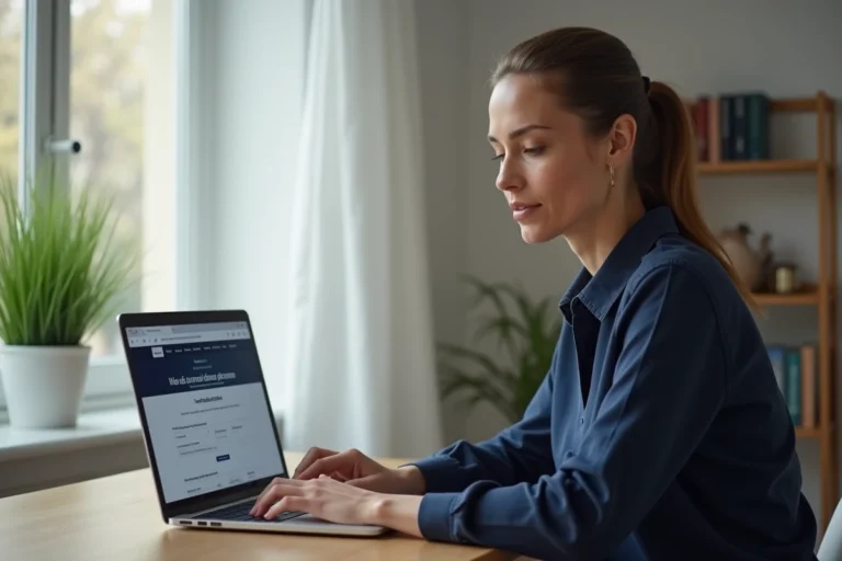 Une femme renouvelle son permis de conduire français en ligne depuis son bureau à domicile
