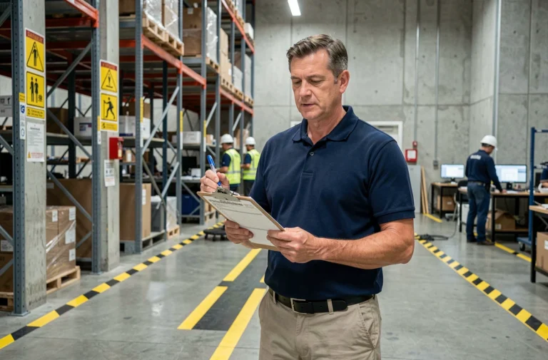 Responsable HSE en tenue professionnelle inspectant un entrepôt industriel avec checklist de sécurité