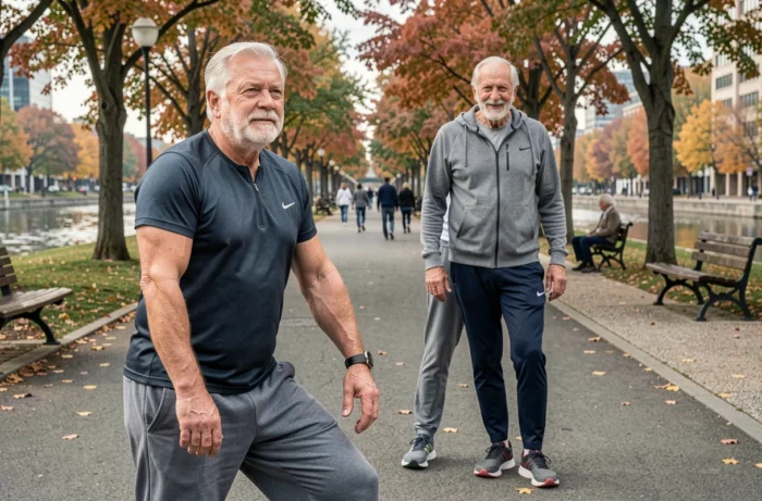 Homme retraité faisant des étirements sportifs en plein air avec un ami au bord de l'eau
