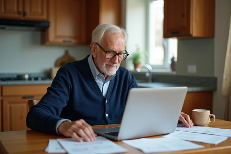 Retraité SNCF consultant ses documents et son ordinateur portable pour accéder à ses services en ligne