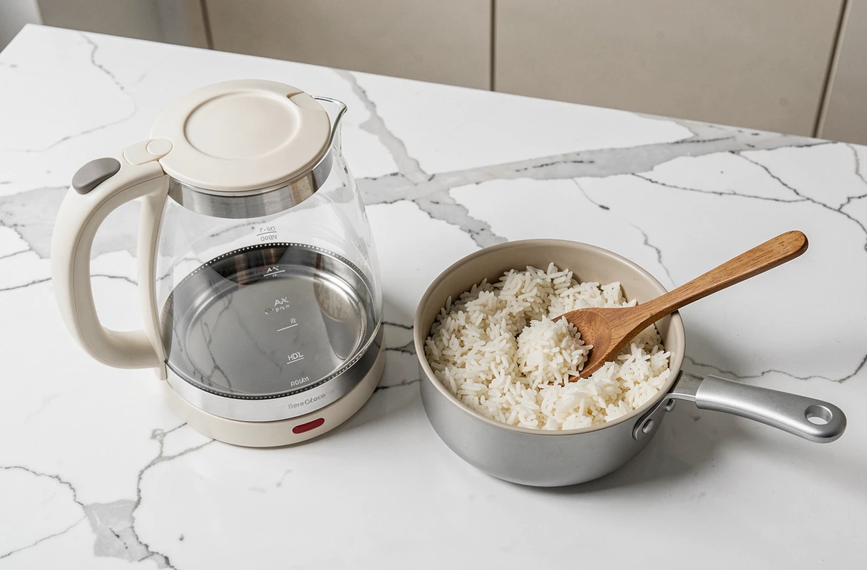 Bouilloire électrique en verre et casserole de riz blanc cuit sur un plan de travail en marbre blanc dans une cuisine moderne minimaliste