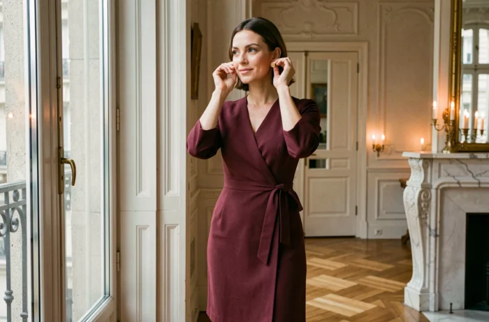 Femme en robe bordeaux élégante lors d'un mariage dans un appartement haussmannien parisien