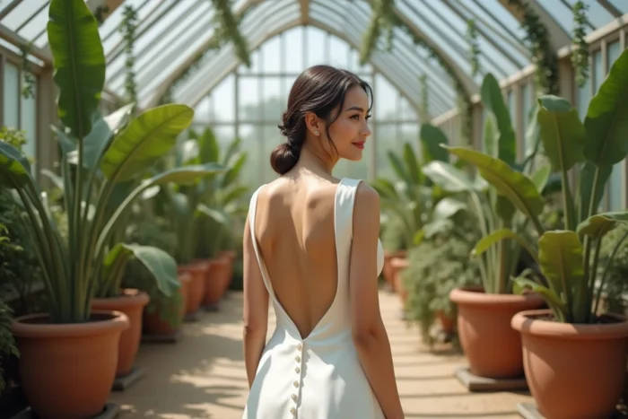Mariée en robe de mariée en soie ivoire minimaliste dans une serre botanique luxuriante, tendance mariage 2024