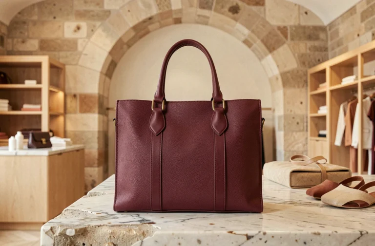 Sac cabas en cuir bordeaux structuré posé sur un comptoir en marbre dans une boutique parisienne minimaliste, tendance sacs à main 2024