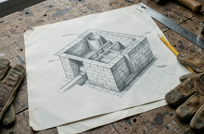 Technisch schema handgetekend van een oude septische put geplaatst op een werktafel, die de interne compartimenten en leidingen van het rioleringssysteem weergeeft