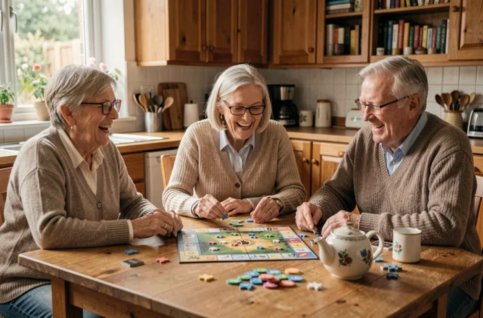 Groupe de retraités jouant à un jeu de société ensemble dans une cuisine conviviale