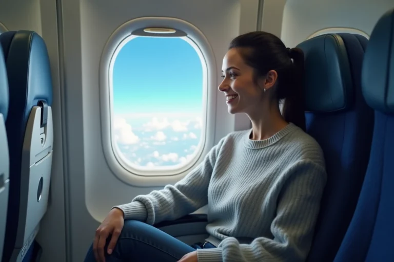 Femme assise côté hublot dans un avion Ryanair regardant le ciel par la fenêtre, meilleur siège pour voyager confortablement