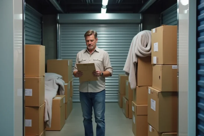 Homme vérifiant un inventaire dans un box de stockage temporaire rempli de cartons et de meubles emballés